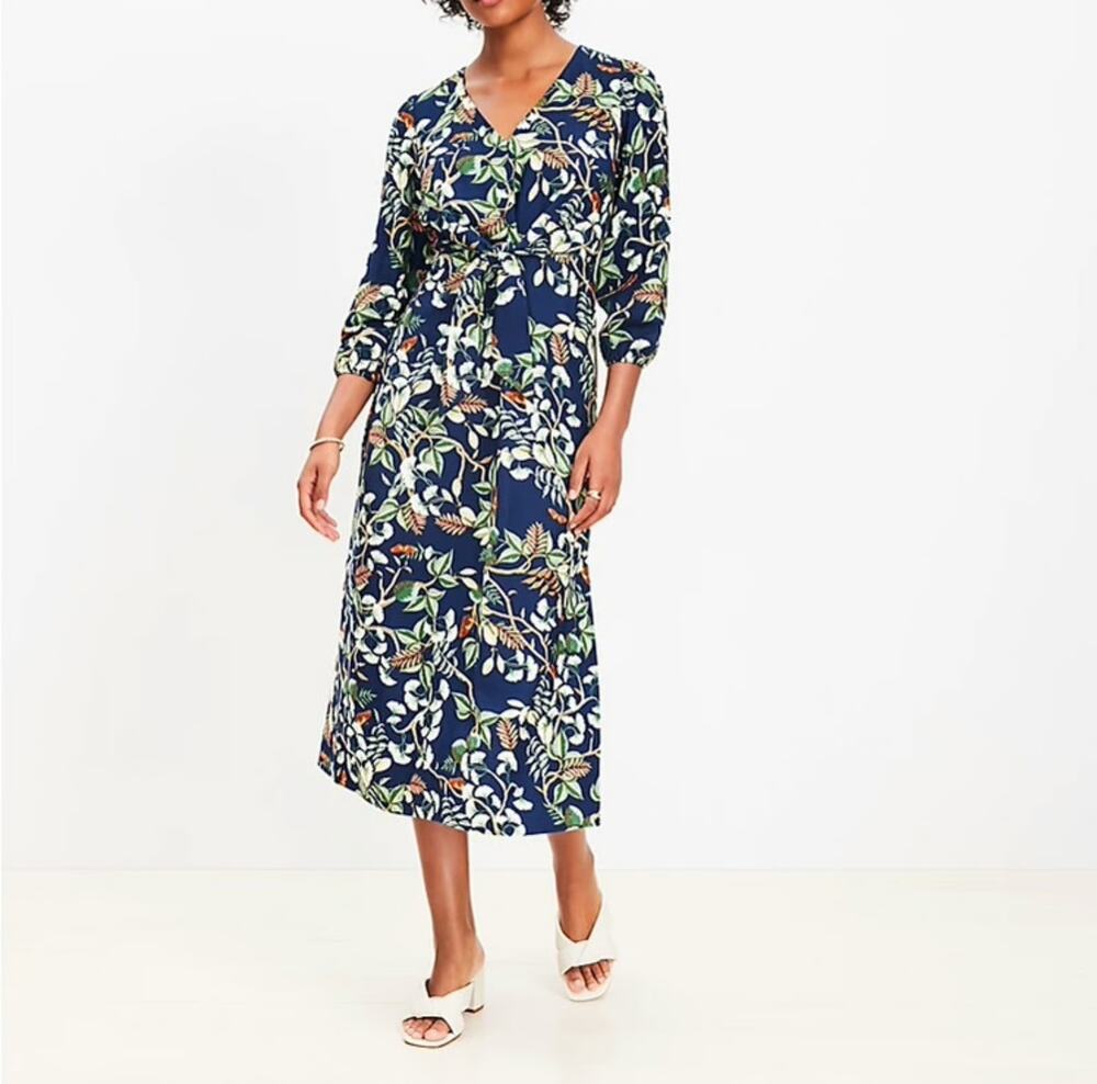 Ann Taylor LOFT Leafed Tie Front Midi Dress Tropical Hawaiian Blue 4